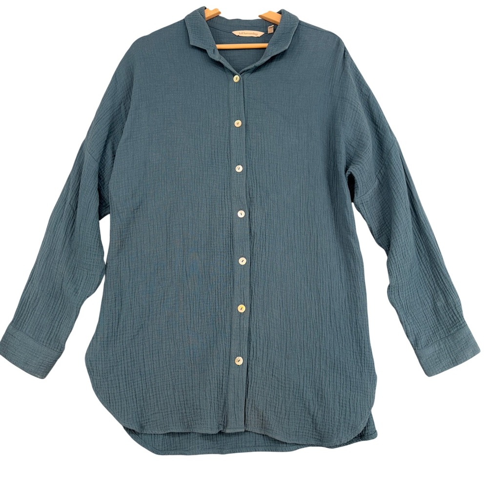 Soft Surroundings Blue Cotton Gauze Button Down Tunic Shirt Medium Coastal Beach